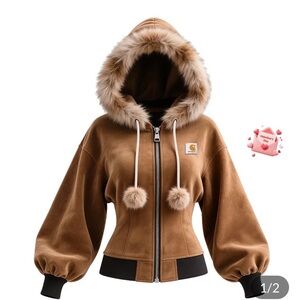 Carhartt Brown Hooded Jacket with White Trim